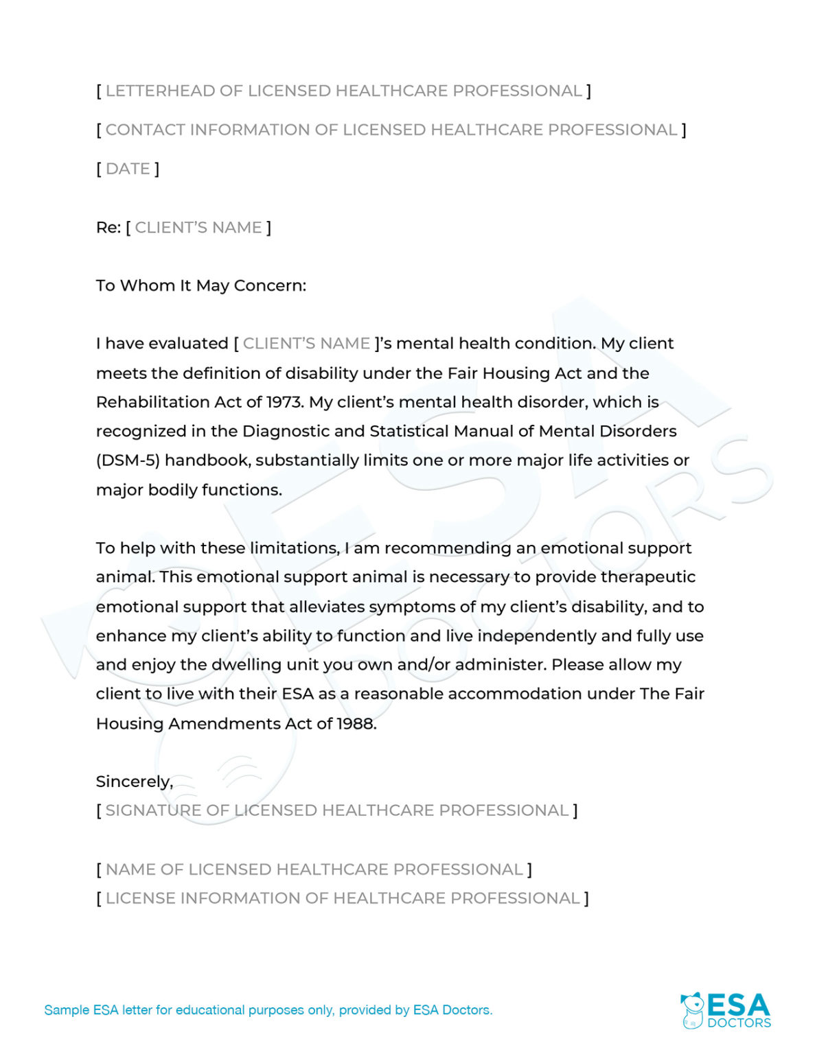 Certified ESA Letter Sample for Apartment Accommodation